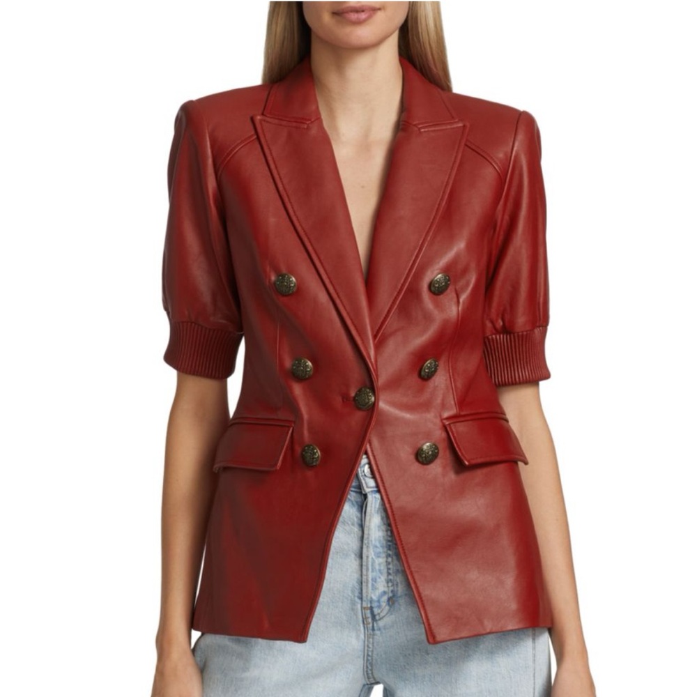 NWT Veronica Beard Red Double-Breasted Leather Blazer